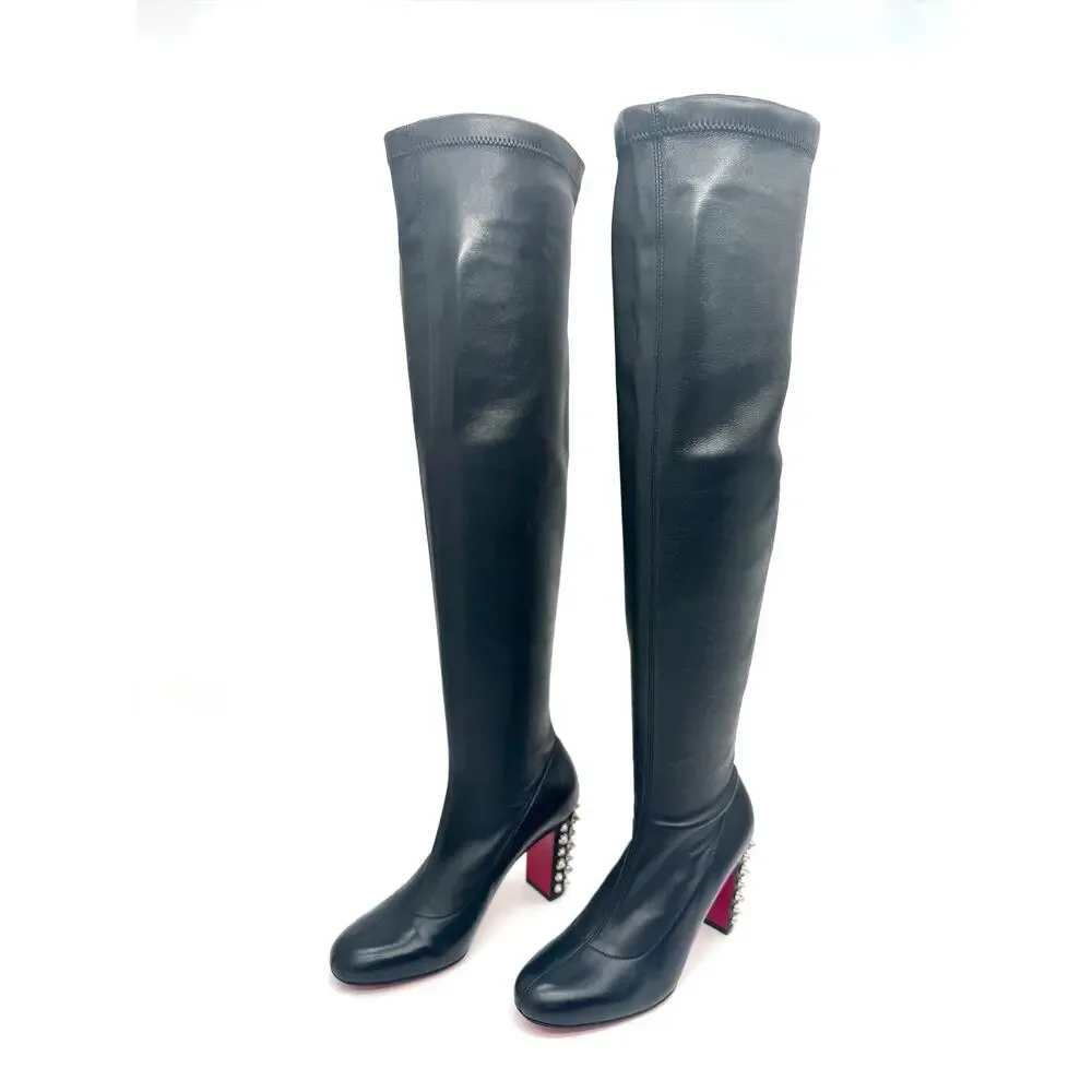 Christian Louboutin Study Stretch 85 Black Leather Spike Knee Boots EU 36.5